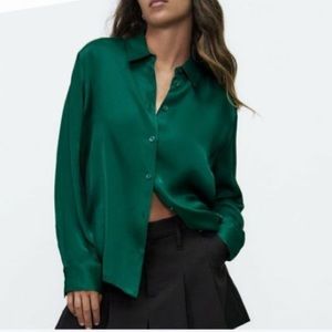 Zara NWT satin shirt green